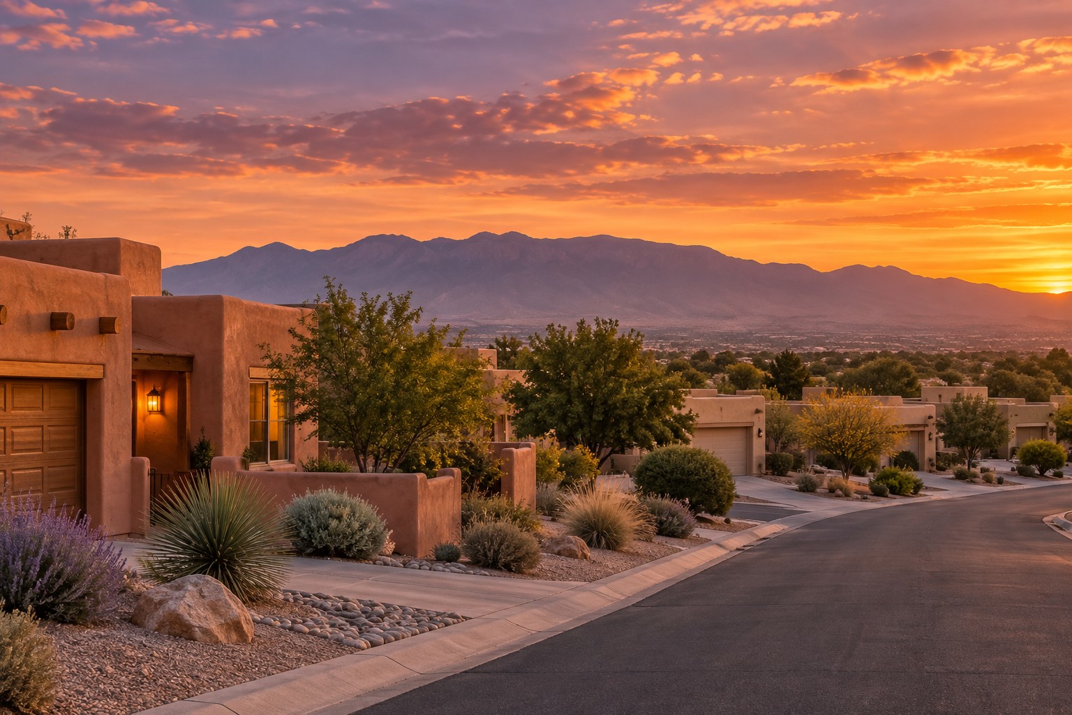 An Albuquerque, New Mexico neighborhood street at golden hour