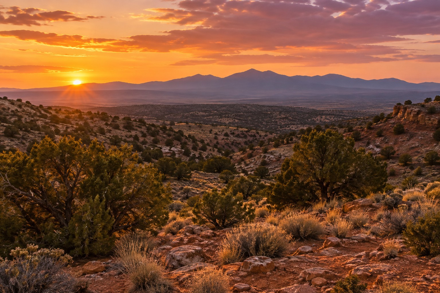 A New Mexico high desert landscape at golden hour